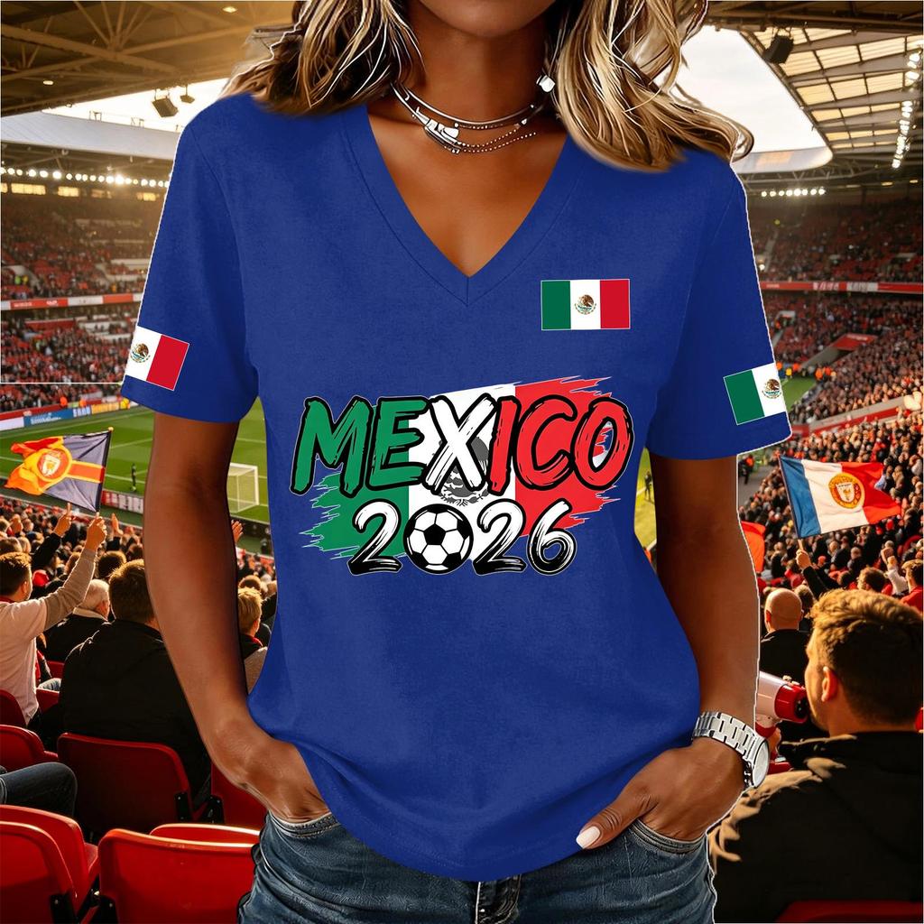 Women's Casual V Neck Pullover Short Sleeve Top Soccer National Flag Print Support Shirt Mexico 2026 Design Lightweight Comfortable Fit