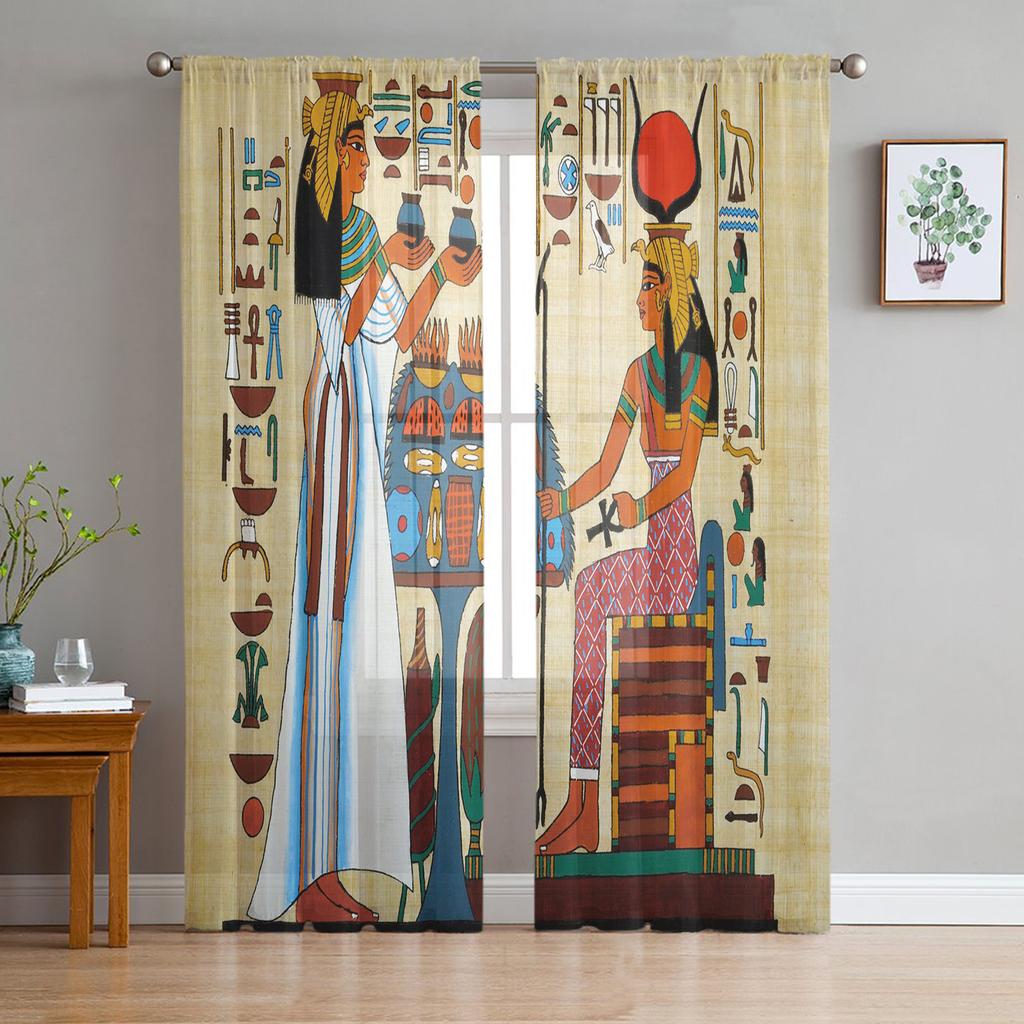 Ideal for Living Room Bedroom Space Space Decoration Window Opening Voiles Morning Tulle Drape1 - Ancient Egypt Art Cat Feather Retro Sheer Curtains