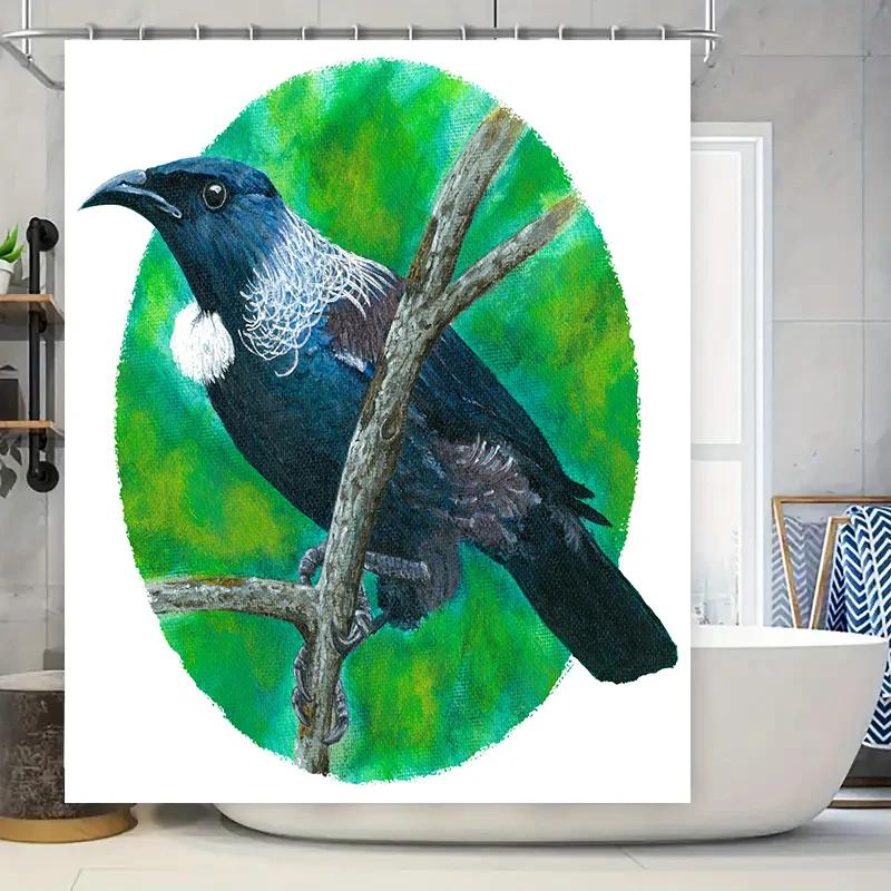 

Beautiful Black Bird Bath Mat Decor Tree Branch Animal Print Shower Curtain Waterproof Fabric Customized Size Available for Home W90XH180cm