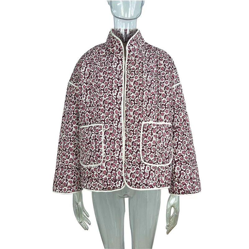 

Fashion Wind Print Contrast Color Stand Collar Cotton-Padded Coat Printed Contrasting Cotton Jacket Small brown floral M