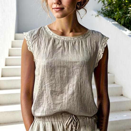 Women Tops Round Neck Sleeveless Loose Fit Summer Casual Vest Pure