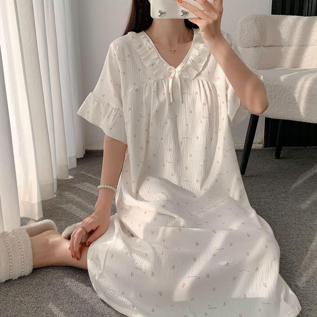 Cloud Cotton Summer Pajama Dress - Women's Short Sleeve Sweet Girl Print Homewear