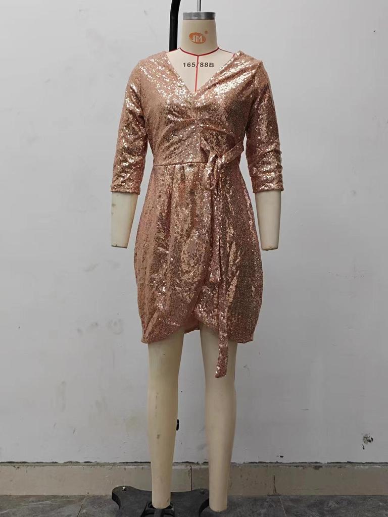 2025 Summer Sexy Women's Sequined Lace-up V-Neck Dress with Three-Quarter Sleeves