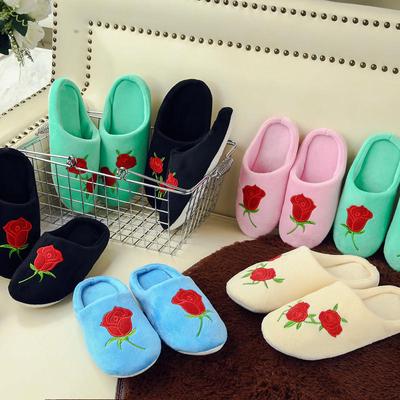 New Rose Soft Plush Cotton Cute Slippers Shoes Couple Unisex Emborider Floor Indoor Home Furry Slippers Women Shoes for Bedroom