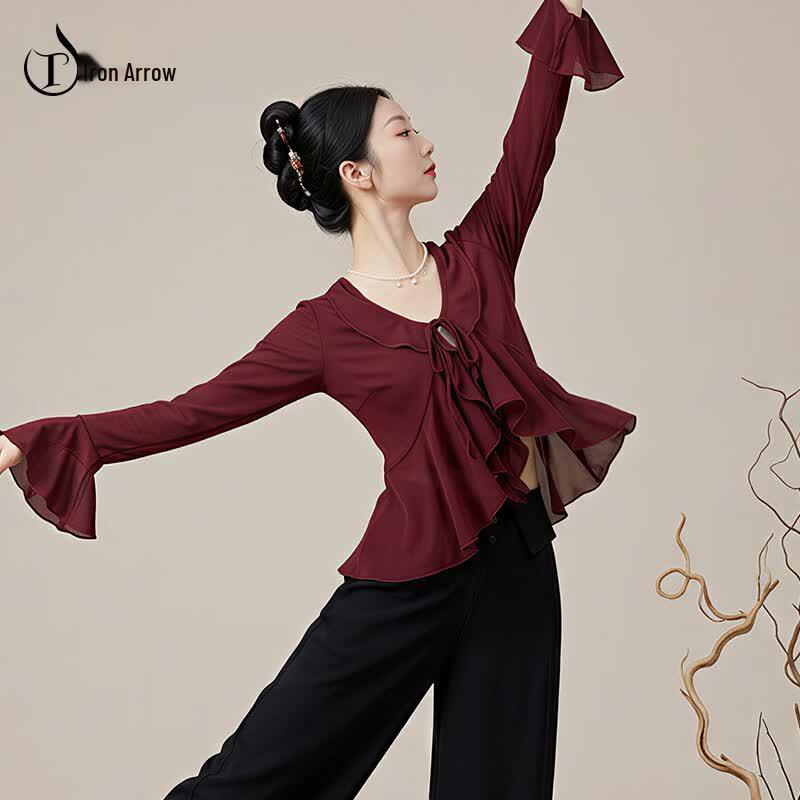Women s Ruffled Modern Dance Top with Flared Sleeves L