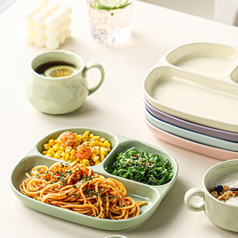 8 Inch Weight Loss Ceramic Dividing Plate for Adults Three Compartments Fixed Quantity Tableware Simple Solid Children Dish