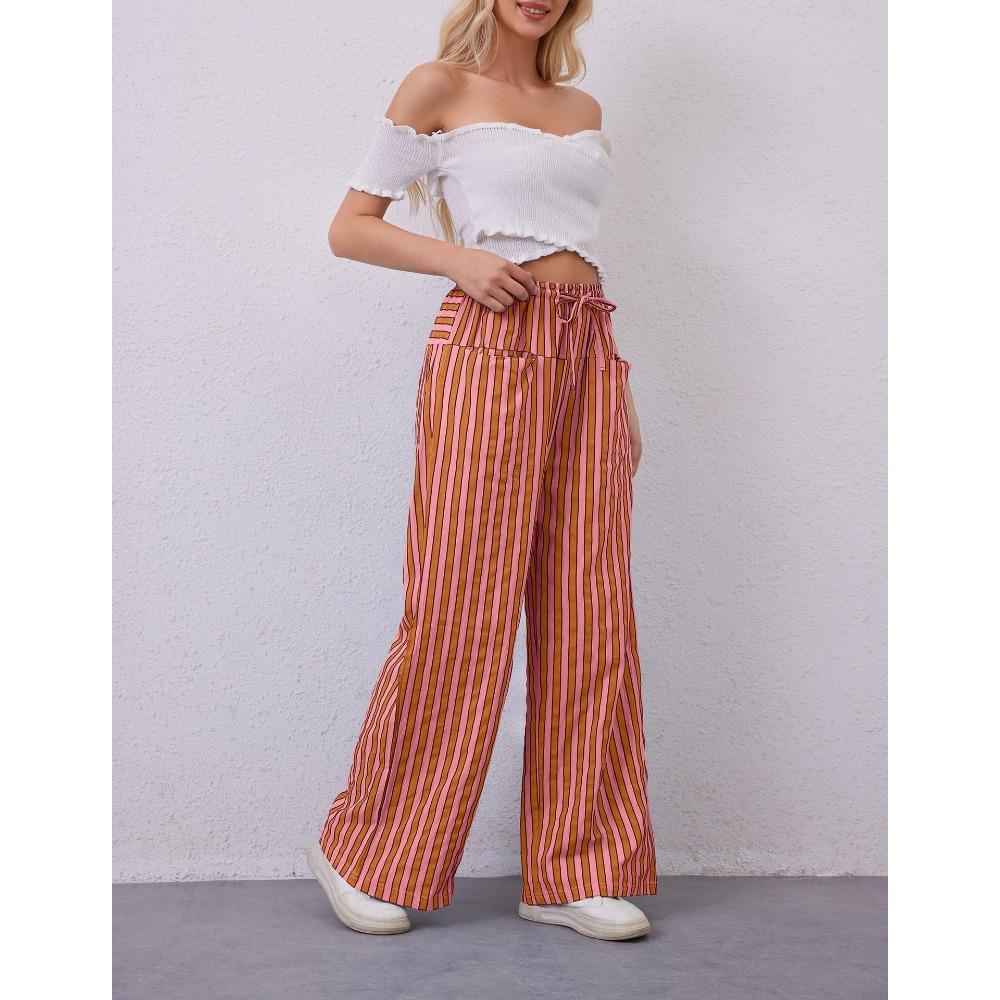 Women’s Drawstring Striped Wide-Leg Casual Trousers – Low-Waisted, Loose-Fitting Trousers