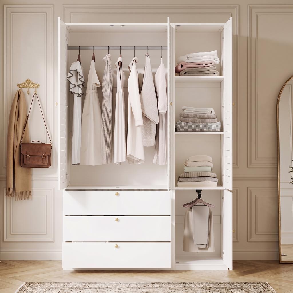 Wardrobe with 3 doors, slatted doors, white, 135 x 50 x 200 cm, with 1 trouser rack, 2 clothes rails and 3 drawers, for bedroom, children's room