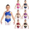 Collant de Dança Feminino Brilhante com Strass Sem Mangas Assimétrico Color Block