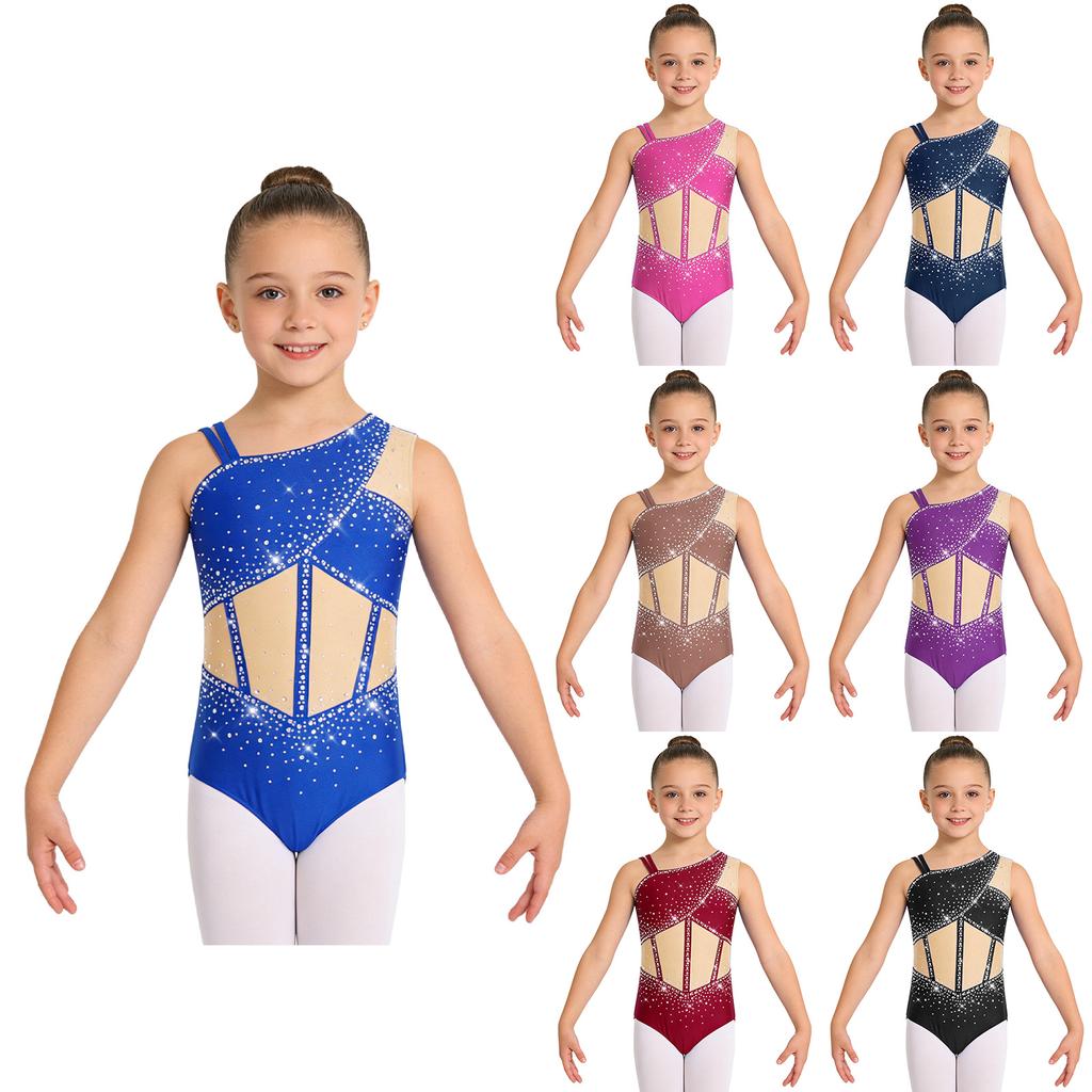 Meisjes Glanzende Strass Dans Leotard Mouwloos Asymmetrisch Kleurblok Bodysuit