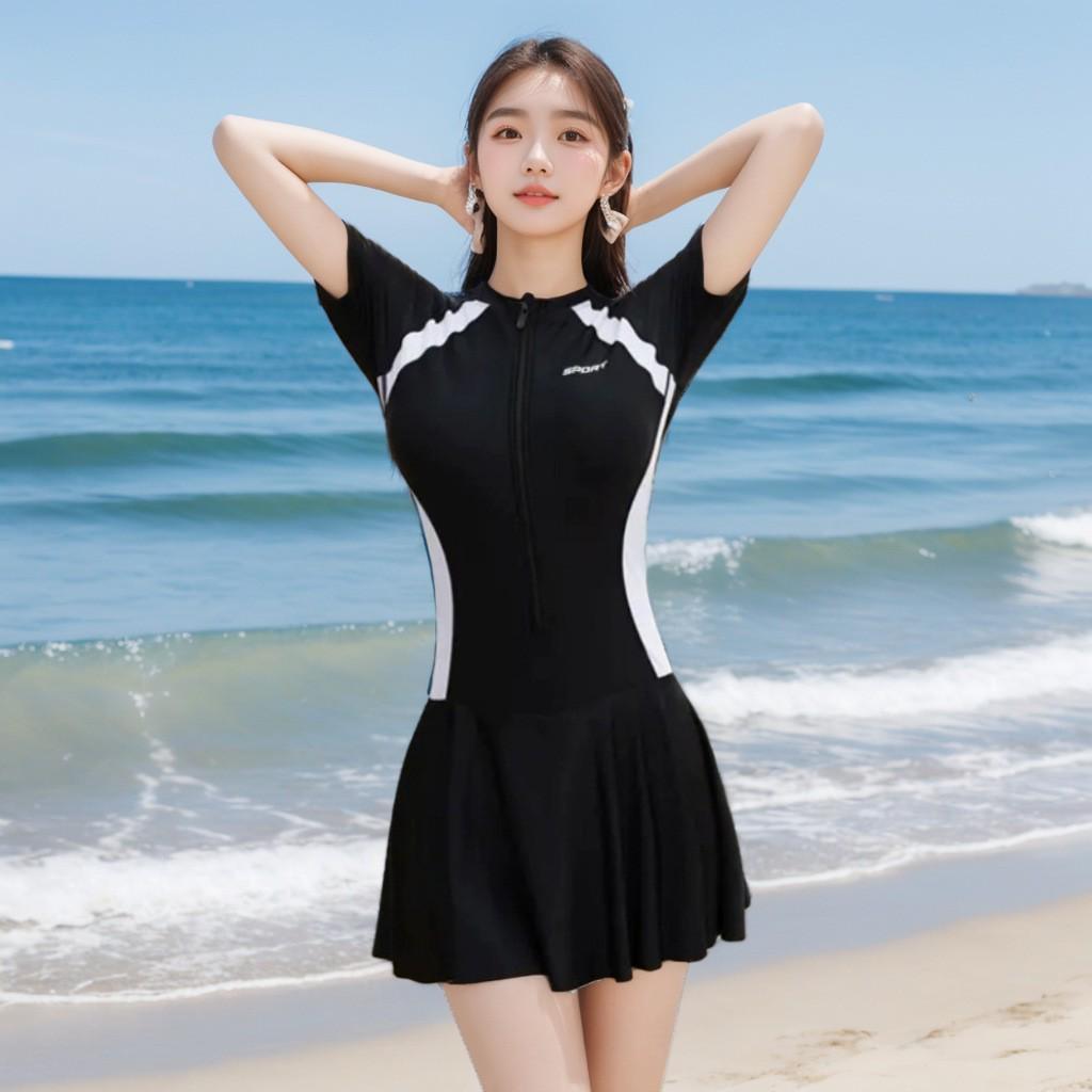 Women s Long Sleeve Sun Protection Slimming One-Piece Swimsuit – Conservative & Stylish M (90-100 lbs)