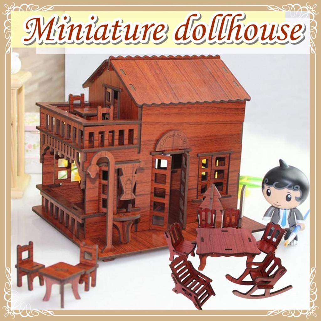 Wooden Miniature Furniture Set Dollhouse Easy Assembly Kit No Tools Required Pretend Play Small Furniture (Dark Brown)