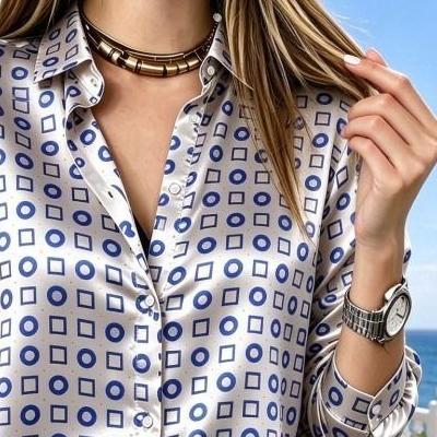 Geometric Print Long Sleeved Lapel Shirt Women's Clothing Off-white Blue Modern Elegance Casual Fashion Versatile Style Shirt