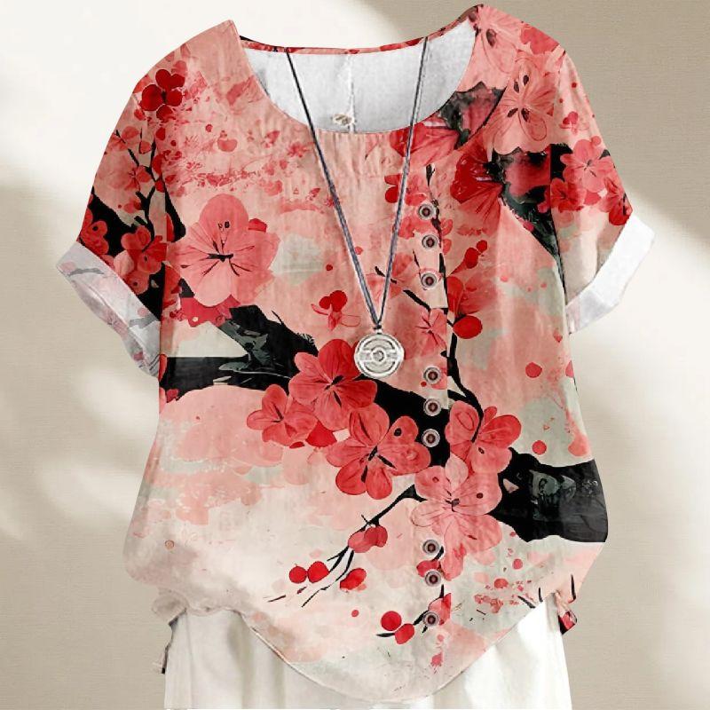 

Женская одежда больших размеров для полных девушек, ретро, в стиле ар-деко, персиково-розовая футболка с принтом полных веток, круглым вырезом, свободного кроя, с короткими рукавами, модный топ Peach with full branches 2XL Plus size