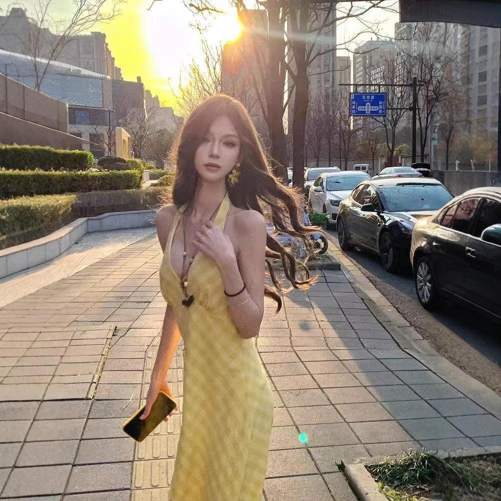 French V-neck Neck Yellow Plaid Dress Women's Summer New Design Sense Niche Vacation Style Sleeveless, Long Dress