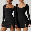 Womens Square Neck Bodice Dress Long Sleeve Side Slit Flare Mini Dresses
