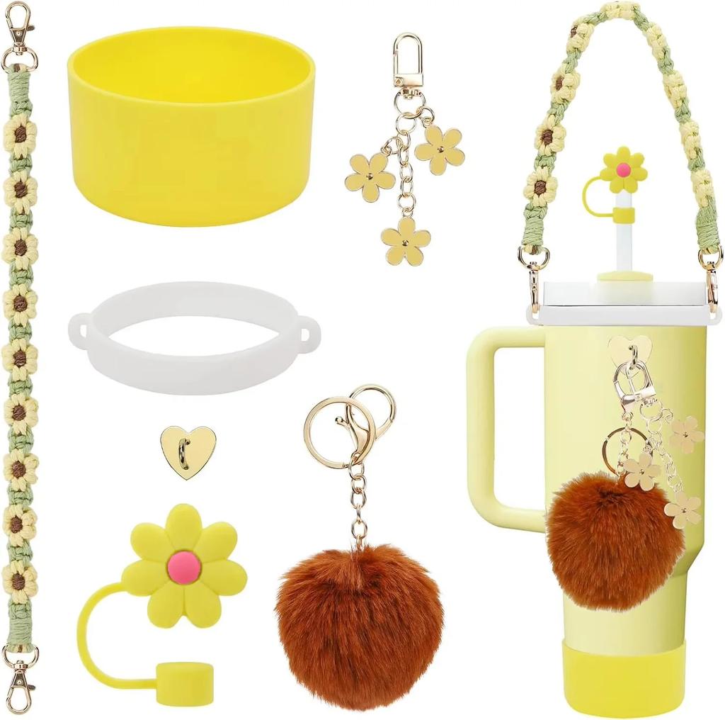 Set di 7/8 Pezzi di Accessori per Tazze per Stanley Cup Inclusi Manico Cinturino Base in Silicone per Tazza Copri Cannuccia Ciondoli per Bicchiere da 40oz 30oz