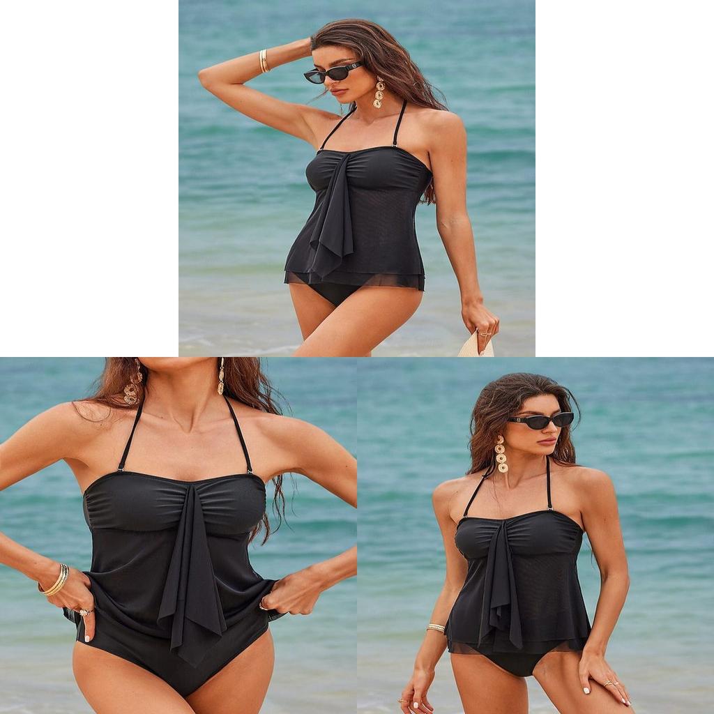 Womens Black Polyester Mesh Spliced Strapless Bikini For Swimming Water Sports