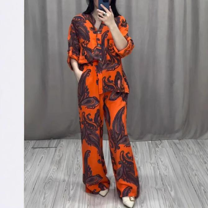 

Женский комплект из 2 предметов с винтажным принтом, весенняя рубашка с V-образным вырезом и длинными рукавами, широкие брюки на шнуровке, летний костюм из 2 предметов на пуговицах XL красный