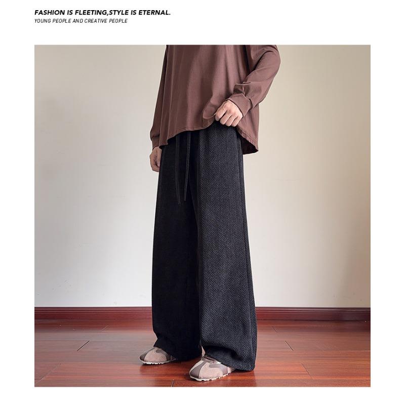 Men Herringbone Jacquard Loose Straight Leg Casual Long Pants