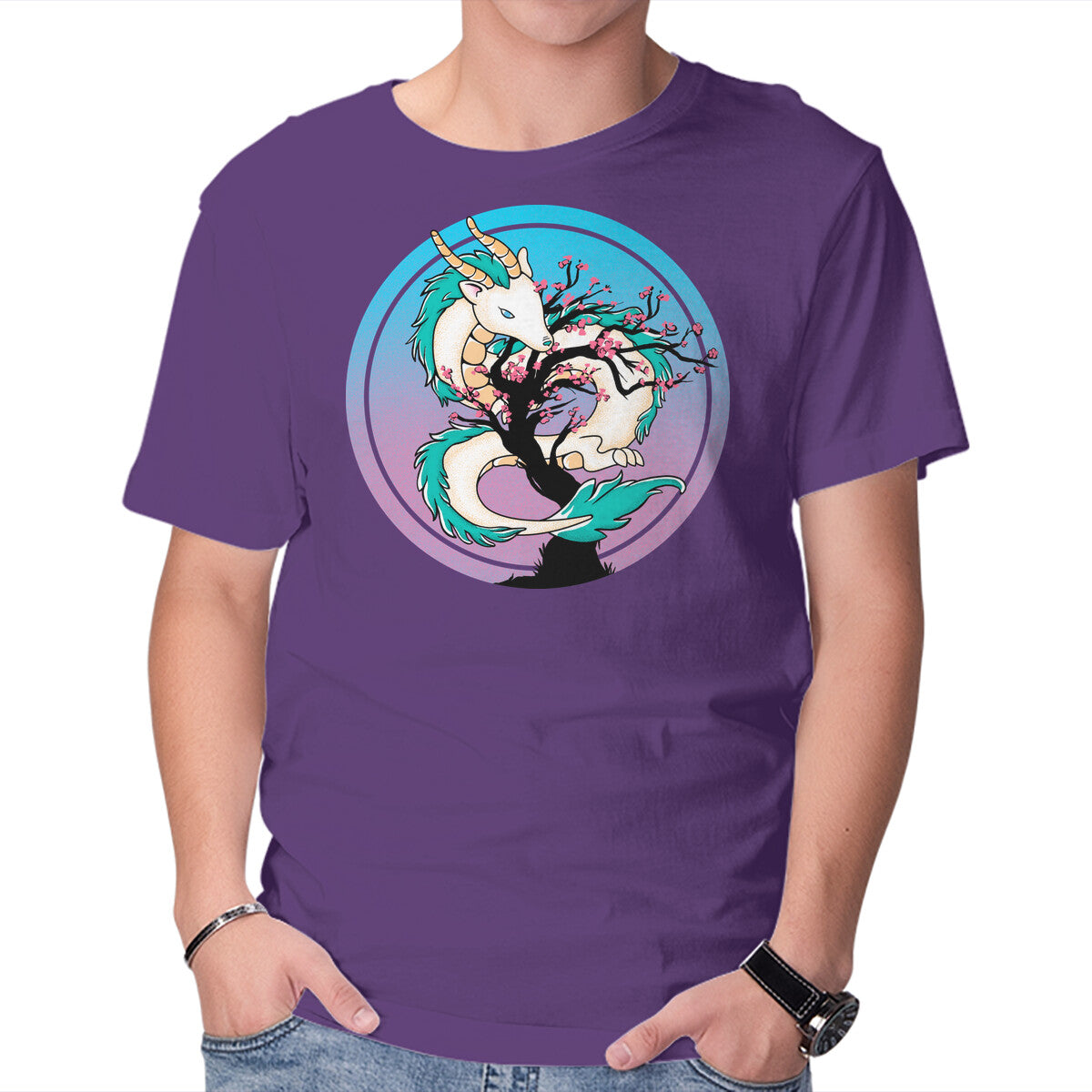 Unisex Crew Neck T-Shirt Sakura Dragon Graphic Short Sleeve Casual Tee XL