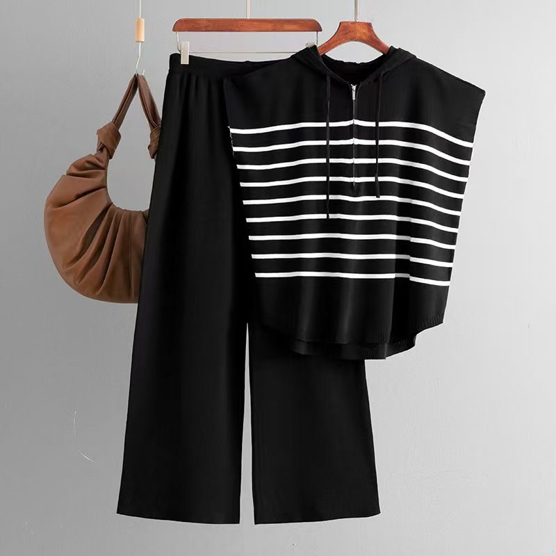 

Fashion Style Fashionable Knitted Stripes Hooded Top and Trousers Suit Knitted Top and Pants Set Black One size