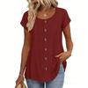 Top Camiseta Feminina Fashionável de Manga Curta com Gola Redonda e Decoração de Botões -Cor Única