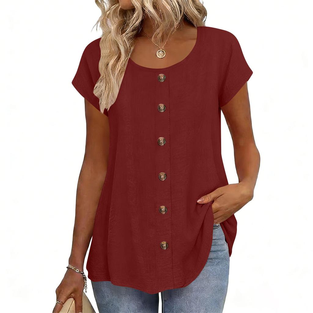 Top Camiseta Feminina Fashionável de Manga Curta com Gola Redonda e Decoração de Botões -Cor Única