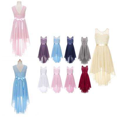 Kids Girls Party Dress Lace Floral High Low Pendulum Chiffon Dress