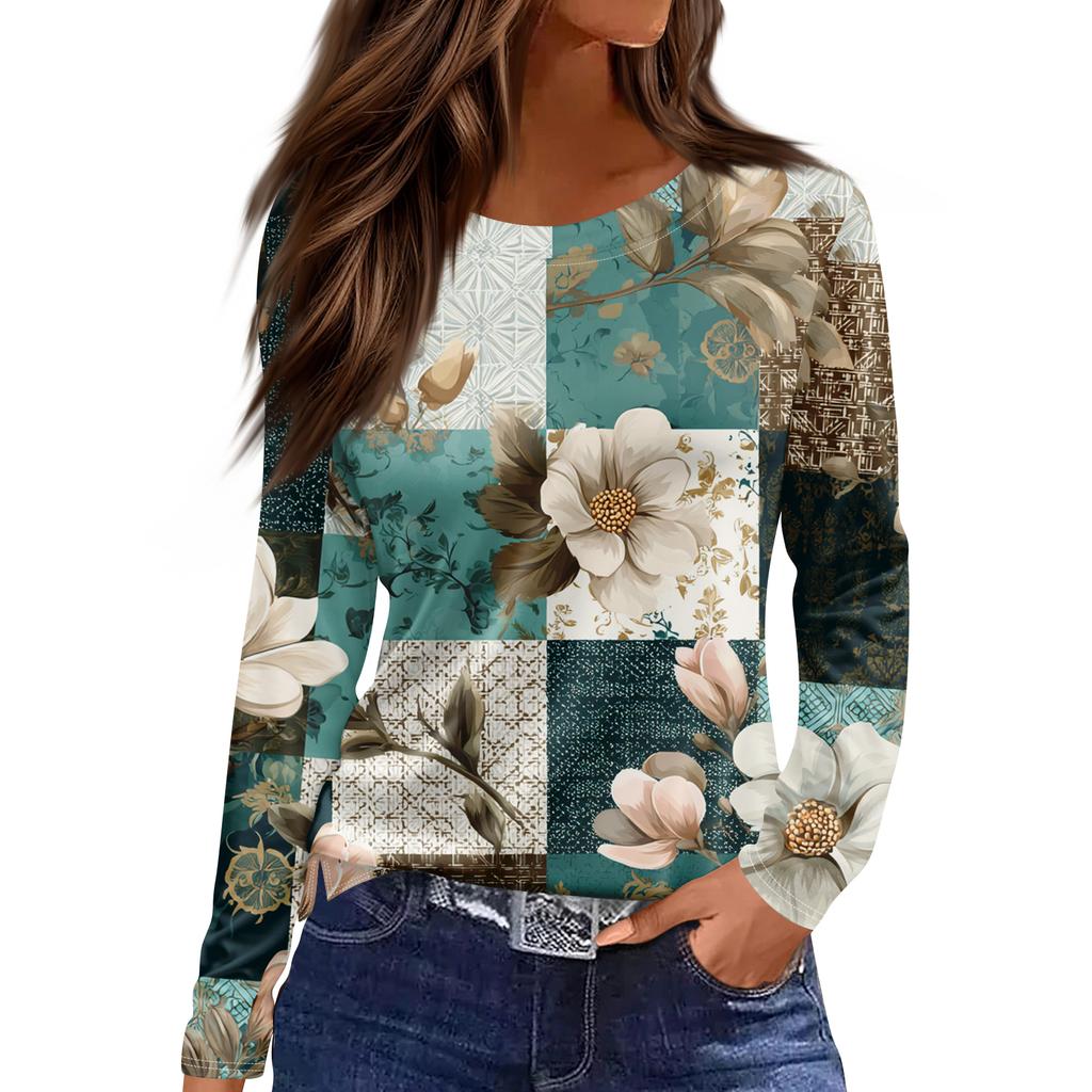 Women's Fashion Hem Slit Casual Retro Floral Print Round Neck Long Sleeve Top
