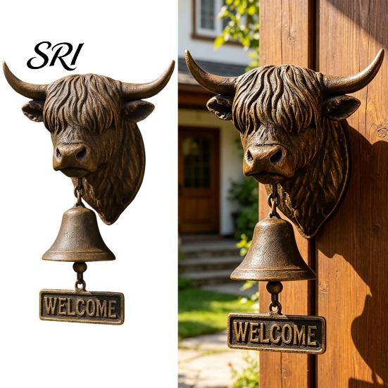 Backyard Gate Bell Highland Cow Head Doorbell with Welcome Sign Rustic Wall Mounted Vintage Style Resin Hanging Decor for Farmhouse Porch Entryway