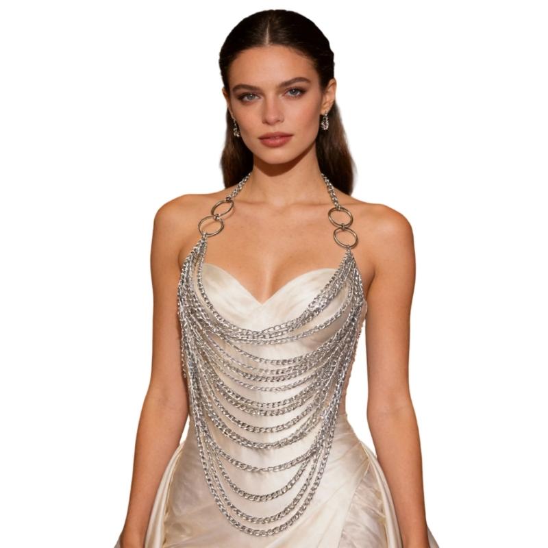 

Women s Adjustable Multi Layered Metallic Body Jewelry Halter Neck Chest Chain Beach Festival Bikini Necklace Accessory