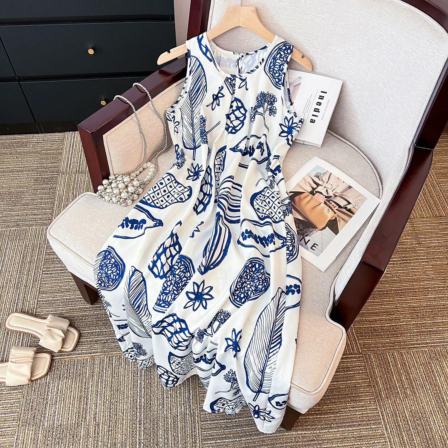 

Elegant Sleeveless Literary Print Summer Dress: Lightly Mature Seaside Casual Style for Women M [Premium Version]