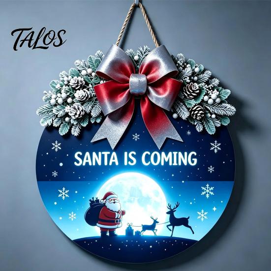 Indoor Outdoor Porch Ornament Christmas Wooden Welcome Sign for Front Door, Round Hanging with Seasonal Wall Art Artificial Pine Branches & Bow Decor