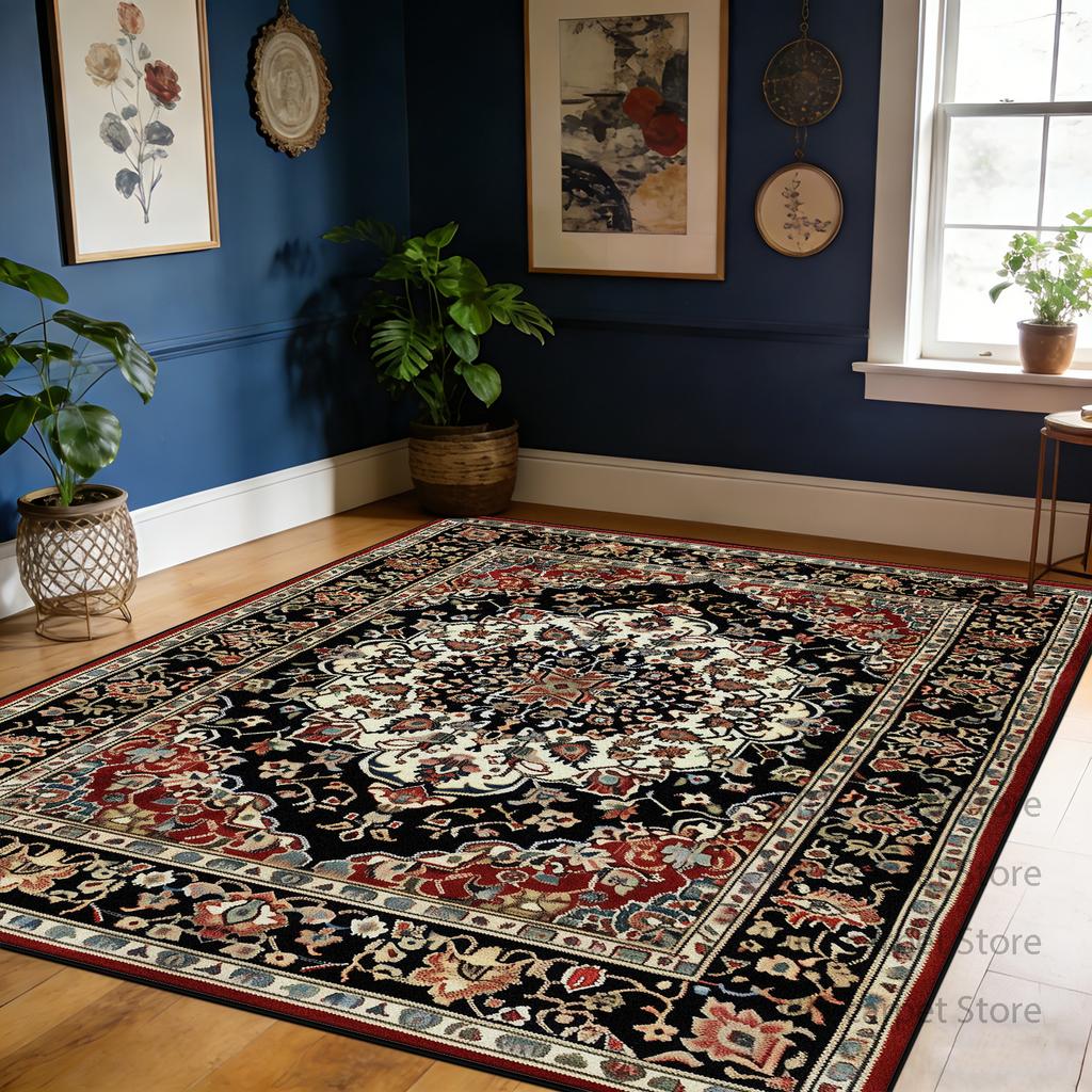 Retro Red Living Room Carpet Flower Pattern Decoration Large Area Soft Rug Bedroom Dining Room Washable Non-slip Mat Pile Fabric