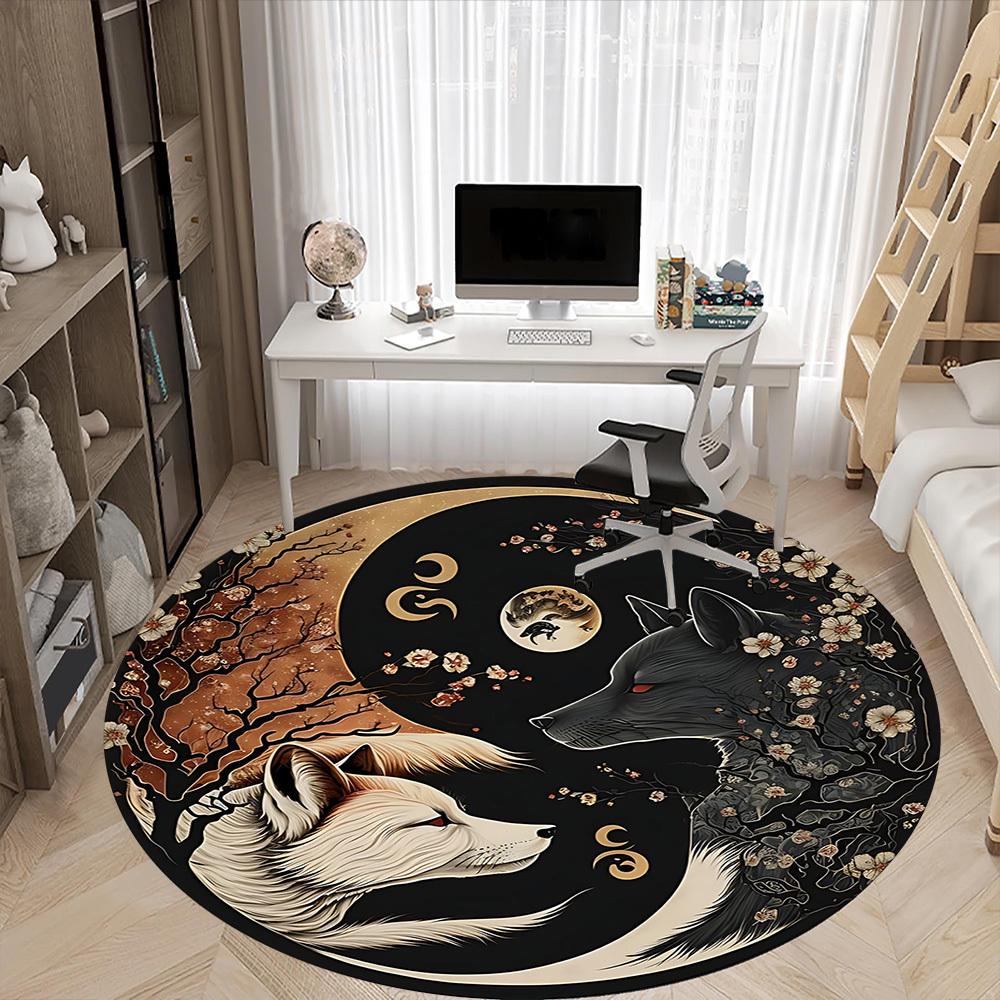 1pc Wolf Moon Office Round Area Rug, Under Office Chairs Bedroom Living Room Home Decor, Room Deco