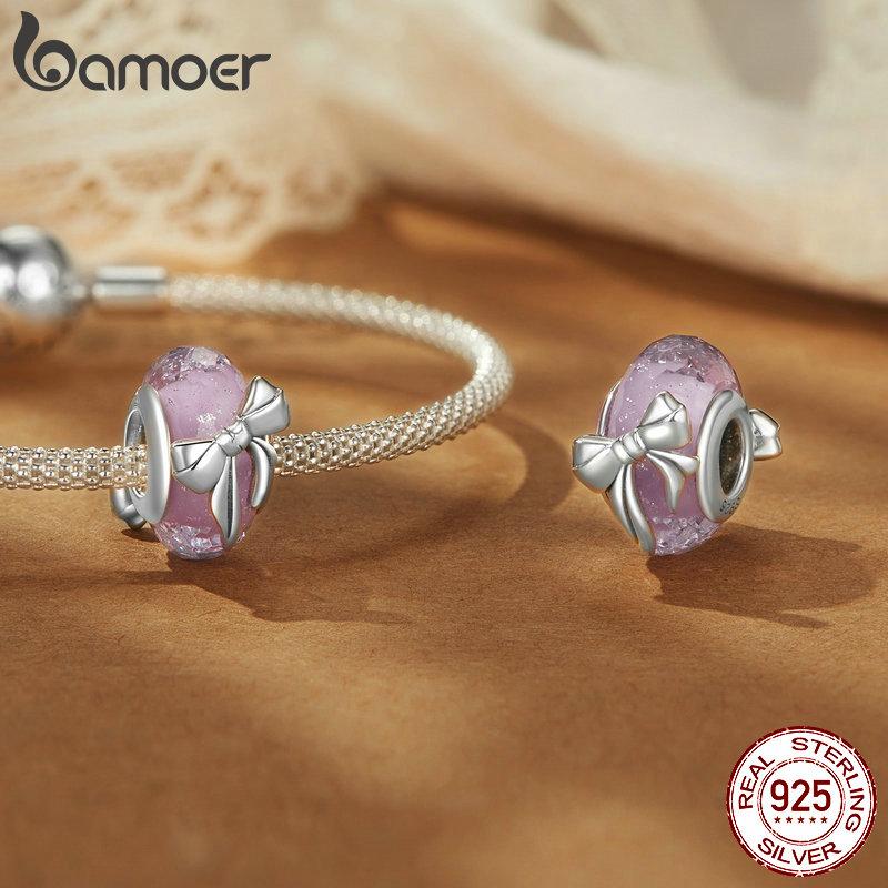 BAMOER Solid 925 Sterling Silver Bowknot Murano Charm Bead fit Original Bracelet DIY Bamoer Charm for Jewelry Making
