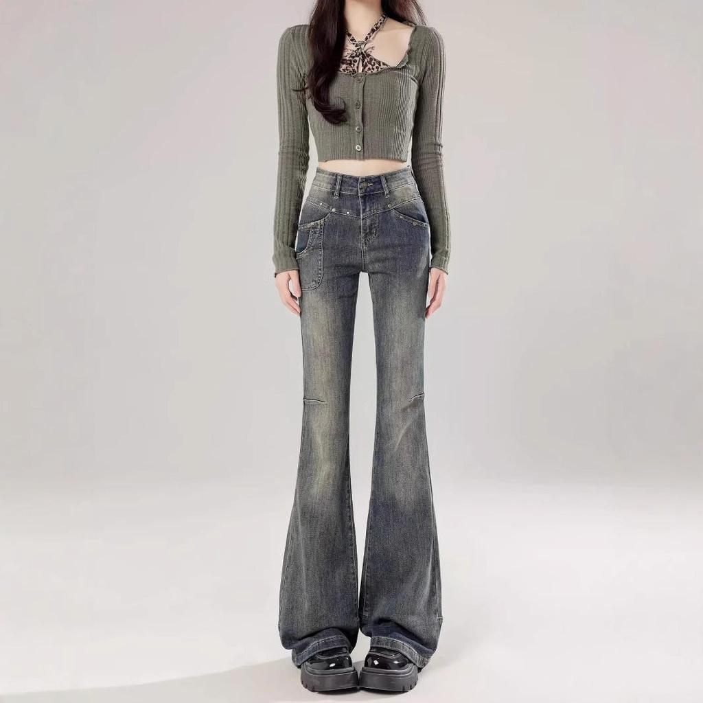 Women's Velvet Slim-Fit Micro-Flare Bell Bottom Jeans - Floor-Length, Autumn/Winter 2024 Collection