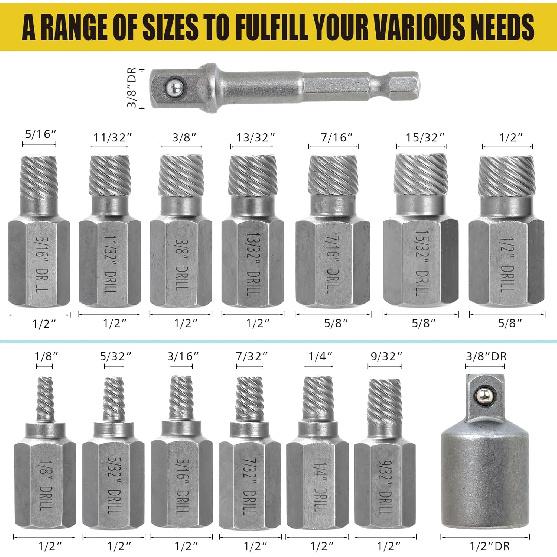 15 PCS Screw Extractor Set with 3/8" Inch Drive, Hex Head Multi-Spline Easy Out Allen Screw Extractor Kit Stripped Bolt Removal Tool for Removing