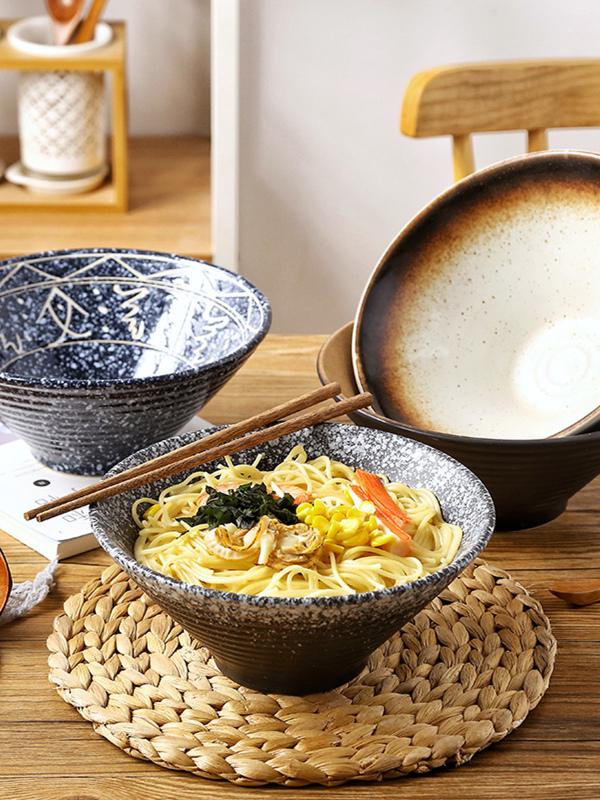 Japanese Ceramic Ramen Bowl Set: Large Retro Conical Hat Design Soup & Noodle Bowl with Plate