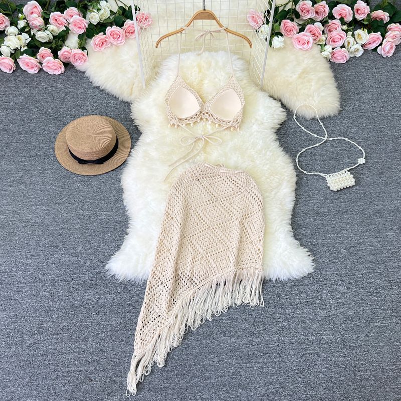 Vacation Style Suit Women's Stylish Bikini Halterneck Vest All-Matching Tassel Skirt Knitted Two-Piece