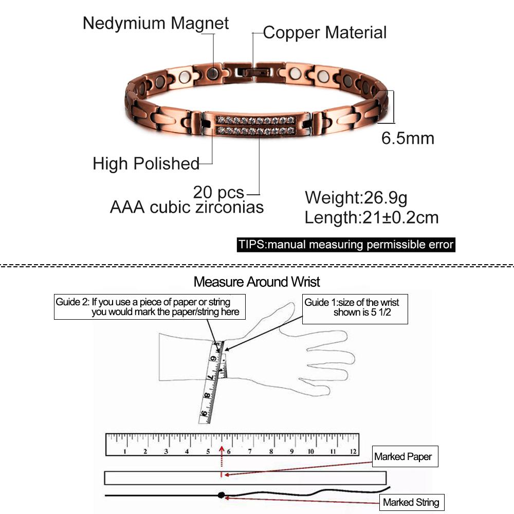 Ikuinen Magnetic Pure Copper Bracelets for Women Cubic Zirconia Chain Link Solid Metal High Magnet Jewelry