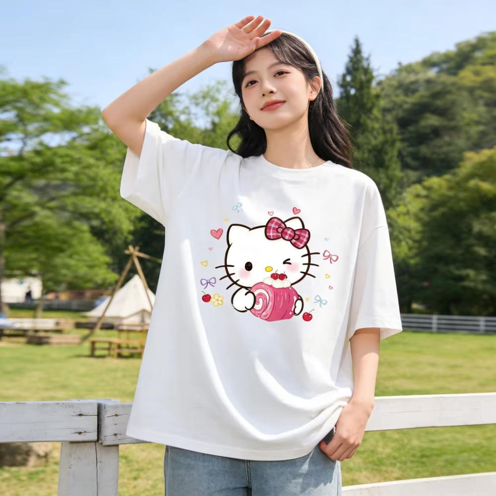 2026 Summer Hello Kitty Cartoon Printed Short Sleeve Pure Comfortable summer loose Tshirt for Women S