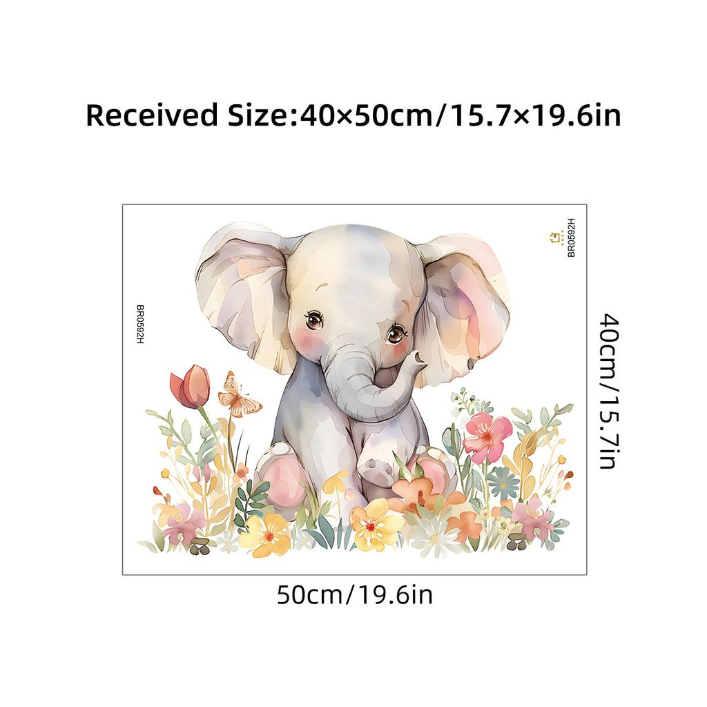 Cute Watercolor Baby Elephant with Flowers Wall Stickers, Ins Style Self-Adhesive Decor for Kids Room Wall Decoration