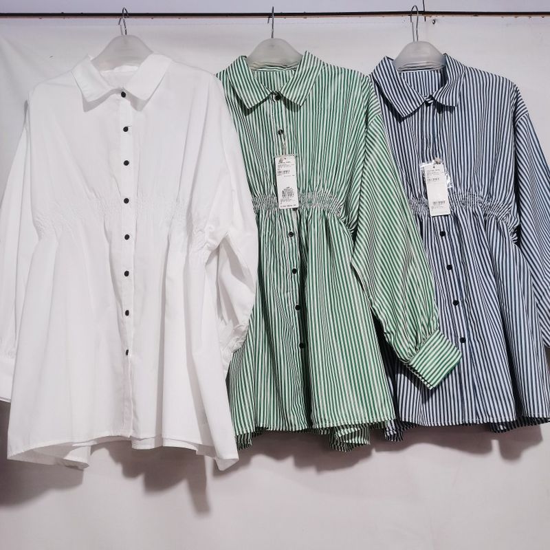 Export Japanese Original Single Cut Label Stand-up Collar Puff Sleeve Half Sleeve Color Stripes Open Shirt Female Mid Length Long Length Lazy