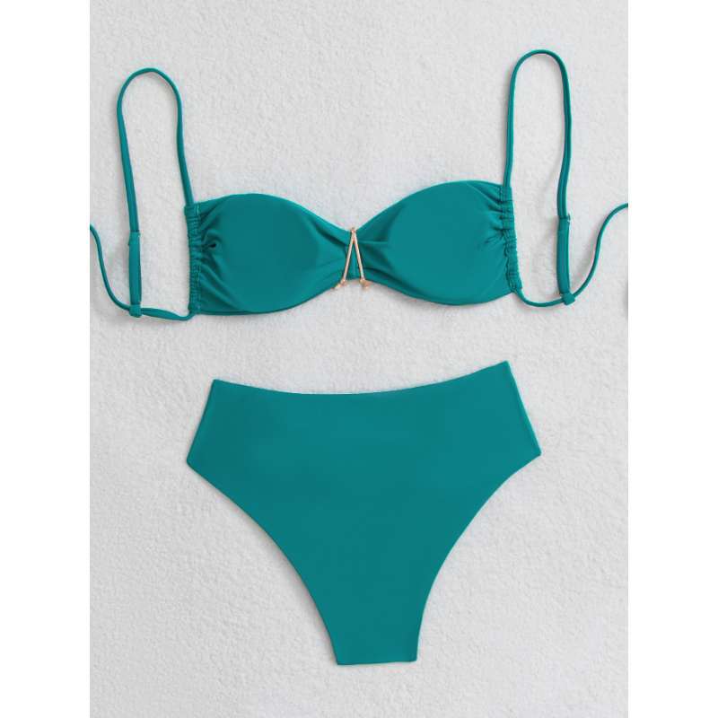New turquoise swimsuit women's metal decorative bikini suit women's sexy tube top high waist vacation swimsuit