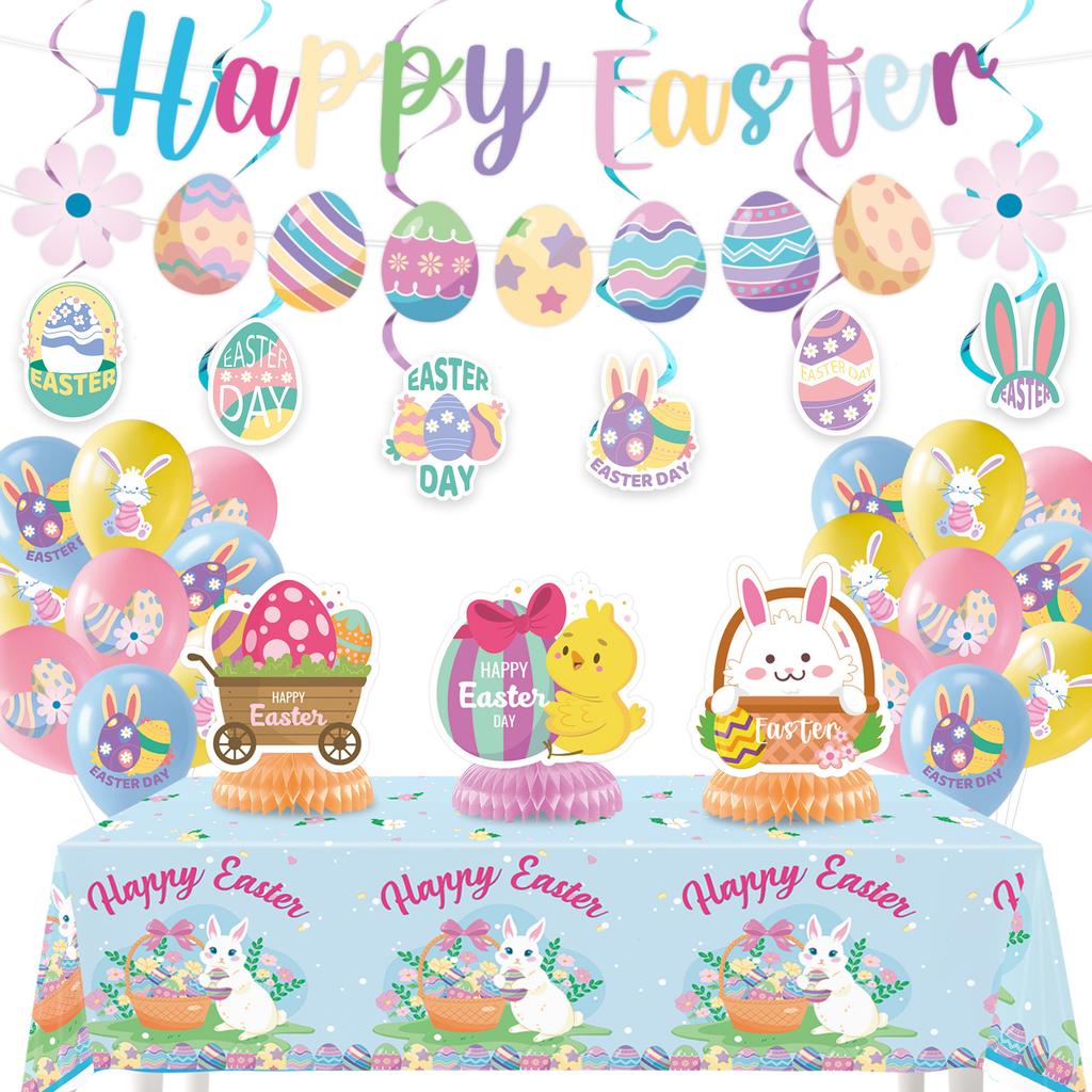 Easter Party Decorations, Easter Egg Banner Cake Decorations, and Decorative Items Create a Cheerful Atmosphere