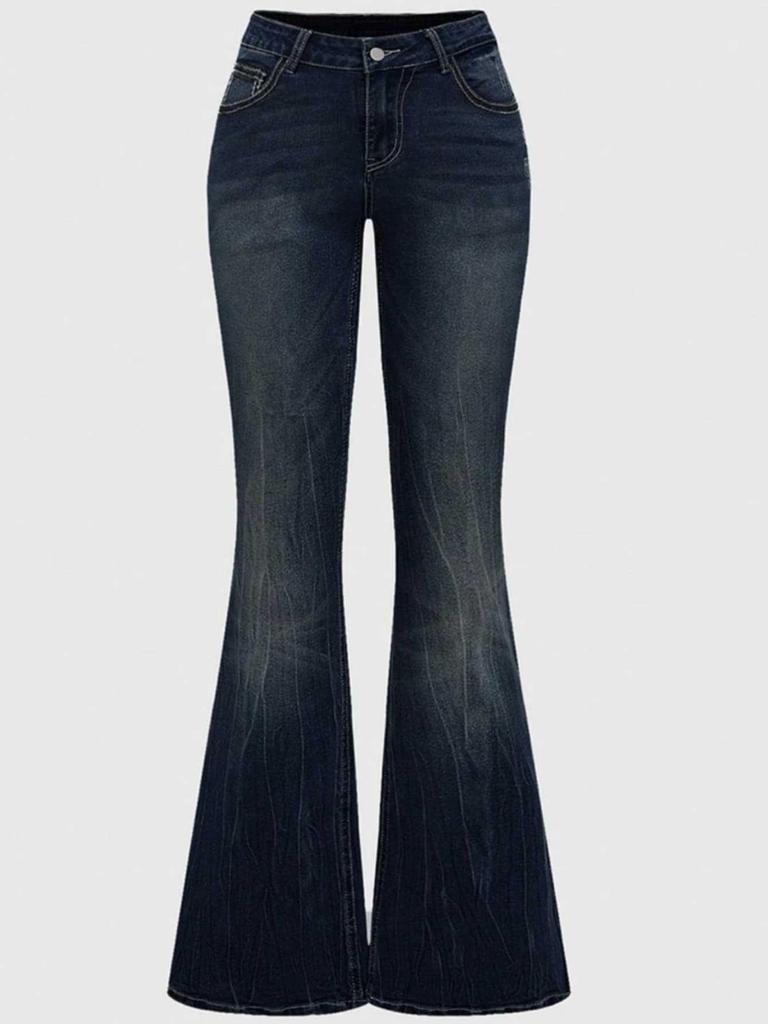 Jeans da donna slim micro-svasati con tasche ricamate e lavaggio scuro