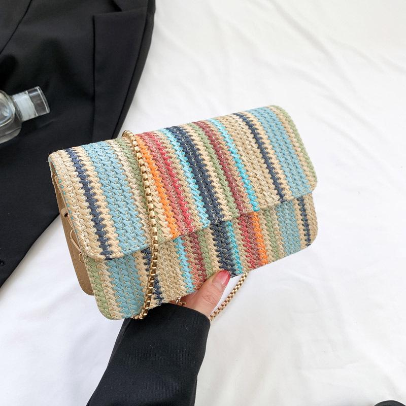 Autumn Brand New Latest Style Straw Woven Bag for Women Casual Simple and Fashionable Rainbow Shoulder Bag Woven Bag Beach Bag