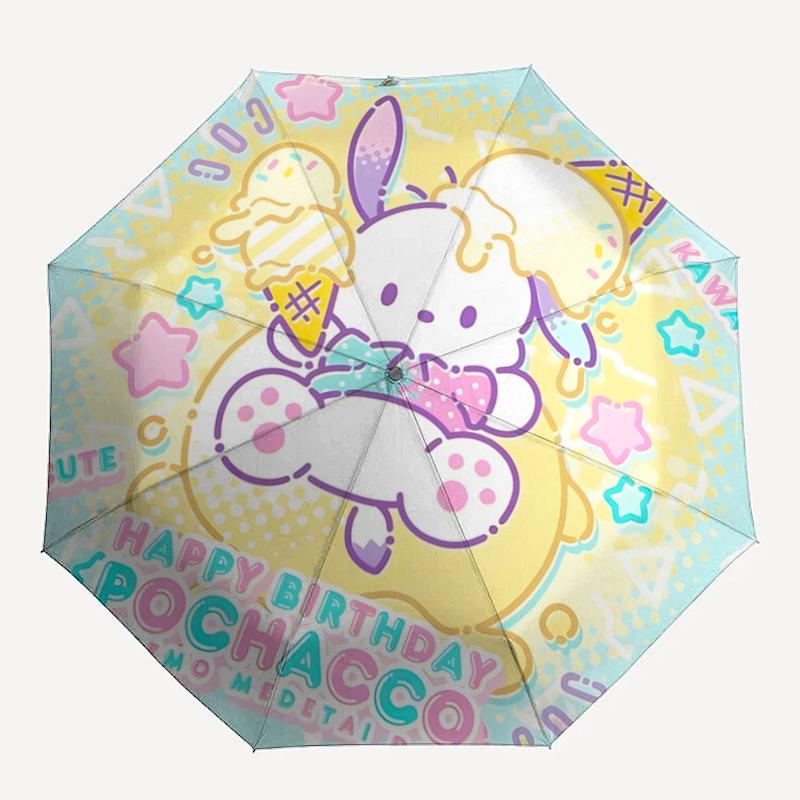 1pc Pochacco Happy Birthday Edition Automatic Folding Umbrella - Cute Kawaii Design with Ice Cream Cone, Perfect Gift for Fans and Travelers.A040